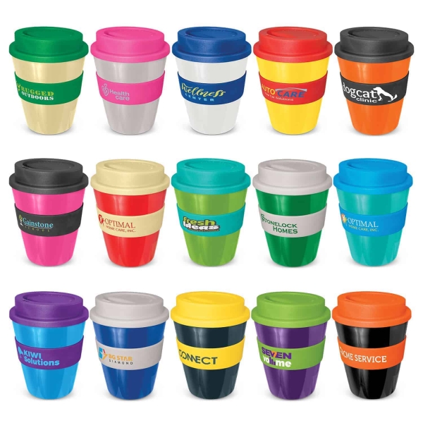 Description Classic 350ml reusable coffee cup with a secure screw on lid and a heat-resistant silicone band. It is manufactured from polypropylene which is shatterproof, odour-resistant and BPA-free. The cup, lid and band can be mixed and matched in any colour combination from the standard colours at no extra cost. Up to five different colour combinations are included in the price and more are available for an additional charge. Express Cup is presented in an optional black gift box. This product is not dishwasher safe and handwashing is recommended. Colours Mix n Match - Natural, Grey, White, Yellow, Orange, Pink, Red, Bright Green, Dark Green, Teal, Light Blue, Dark Blue, Navy, Purple, Black. Dimensions Dia 91mm x H 117mm. Branding Options Pad Print: Top - 45mm x 15mm. Pad Print: Bottom - 35mm x 30mm. Pad Print: Band - 50mm x 20mm. Screen Print: Band - 170mm x 20mm (one colour). Debossed: Band - 60mm x 20mm.